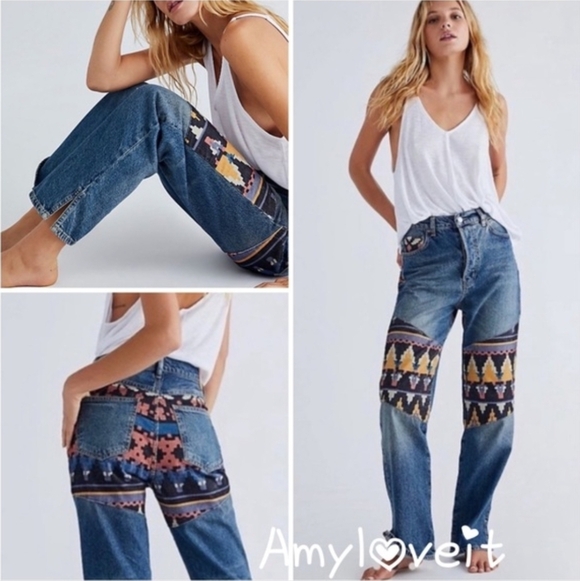 We The Free Free People Rocky Mountain Straight Leg Jeans Western Patchwork 27 - Picture 2 of 16